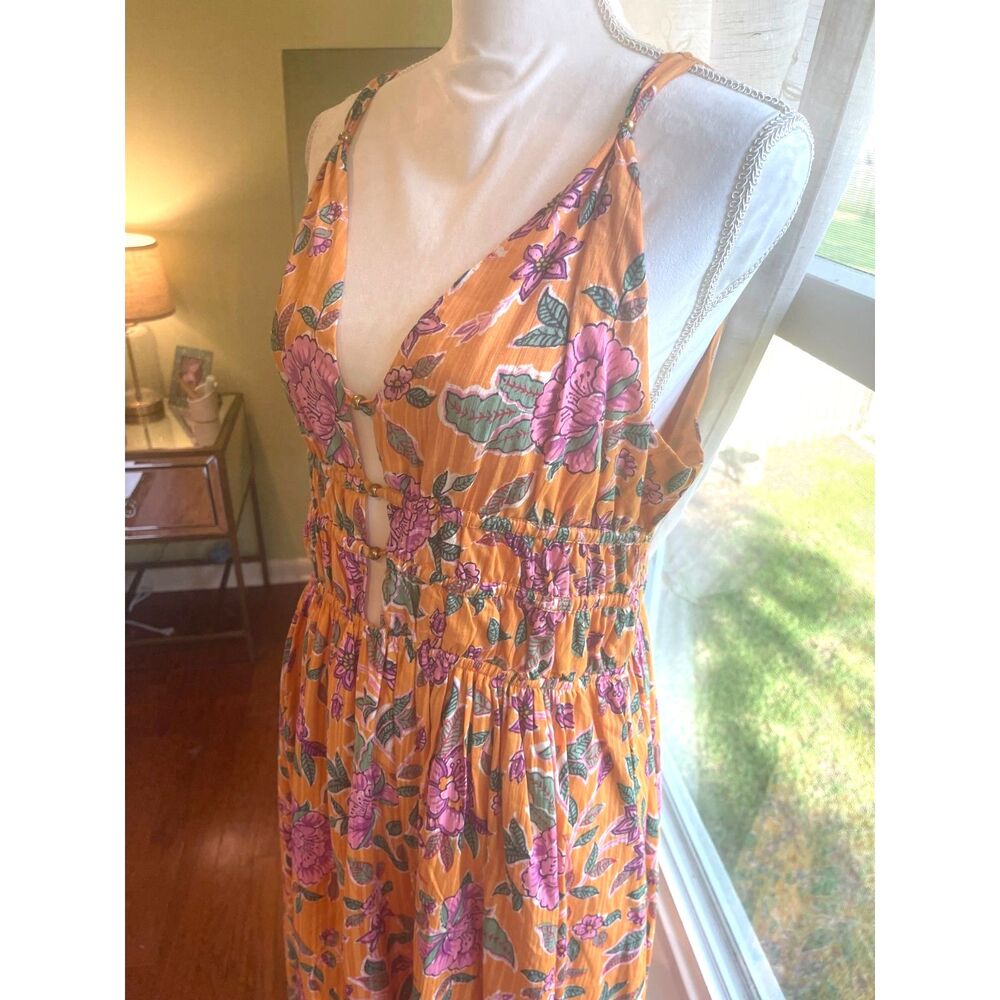 Boho Floral Smocked Cutout Maxi Dress V Neck Euro Summer Resort Quiet Luxury L - Picture 2 of 13